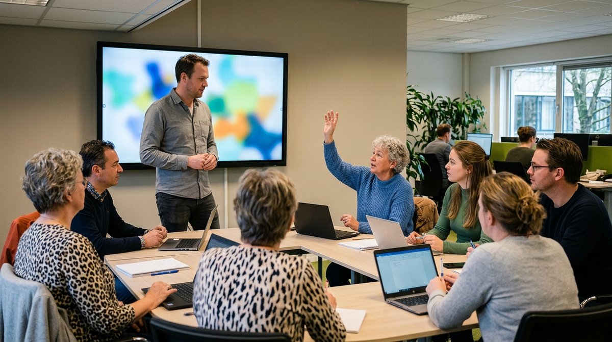 Medewerkers van een gemeente volgen een training over AI met laptops, een deelnemer stelt een vraag