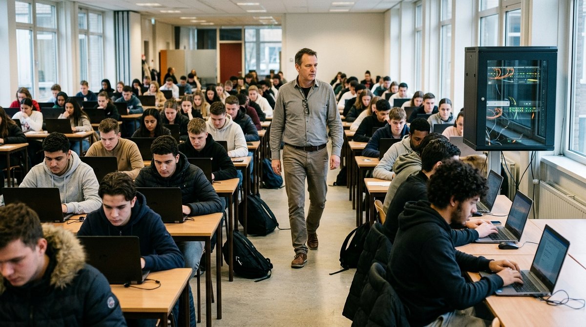 Studenten maken een digitaal examen op laptops in een examenzaal van een mbo-school