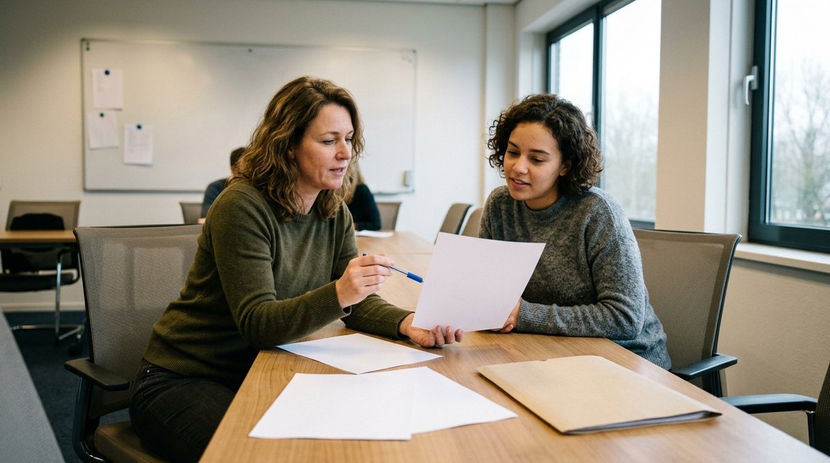 Twee HR-collega's bekijken papieren facturen en een cursusoverzicht aan een tafel in een trainingsruimte