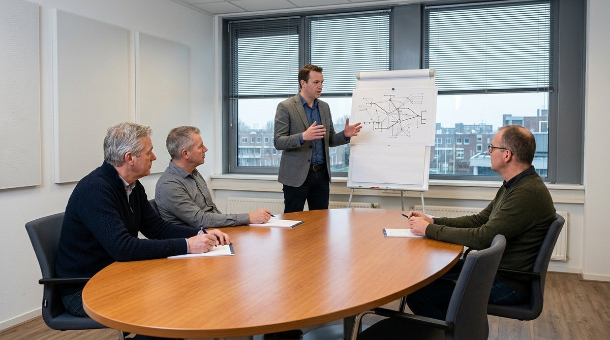 Interne trainer legt bestuursleden in een vergaderzaal een netwerkschema uit tijdens een cyberbeveiligingstraining