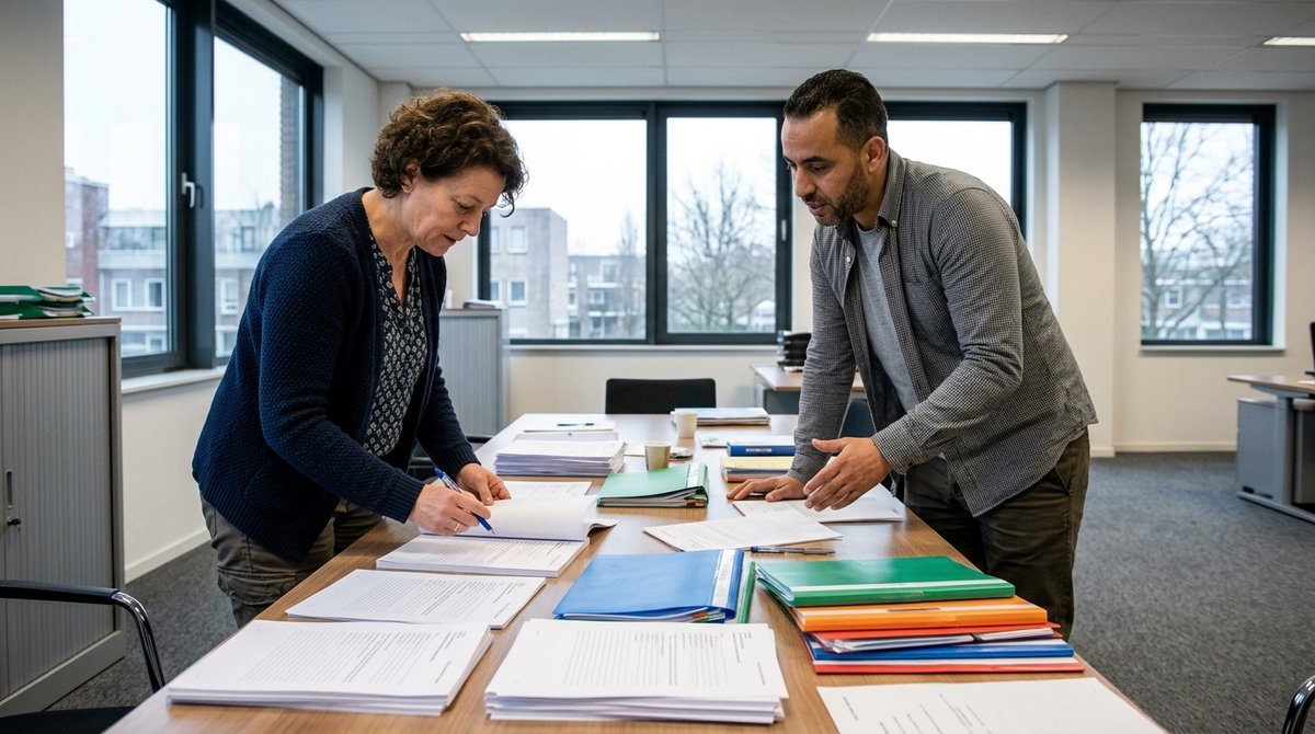 Twee inkopers van een gemeente buigen zich over stapels aanbestedingsstukken