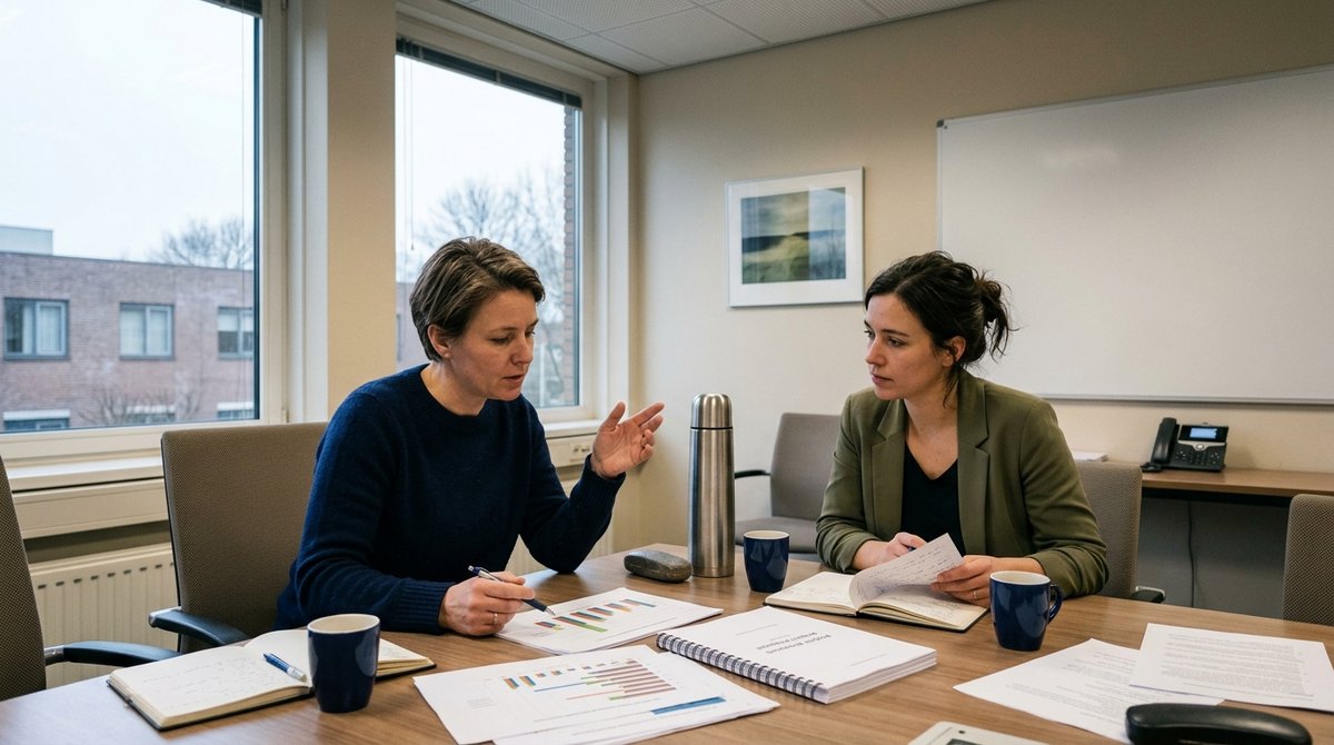 Onderzoeker en beleidsmedewerker overleggen aan tafel over een subsidieaanvraag voor een samenwerkingsproject