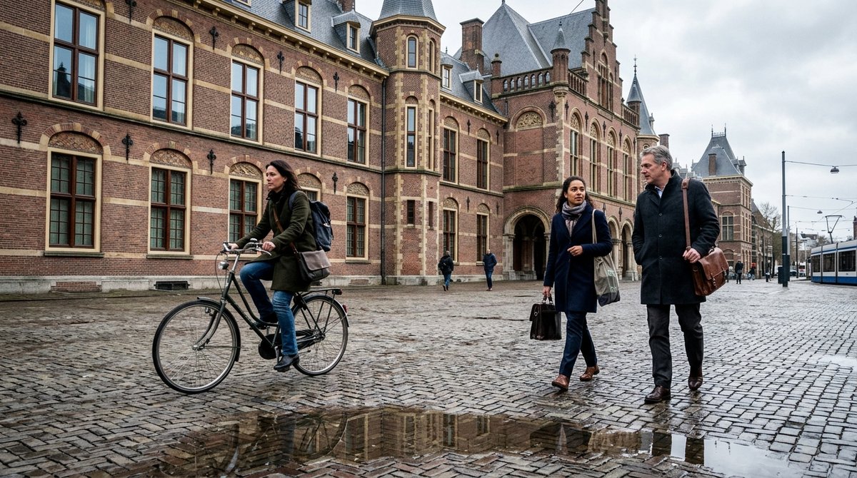 Overheidsgebouw in Den Haag met een fietser en ambtenaren op de keien