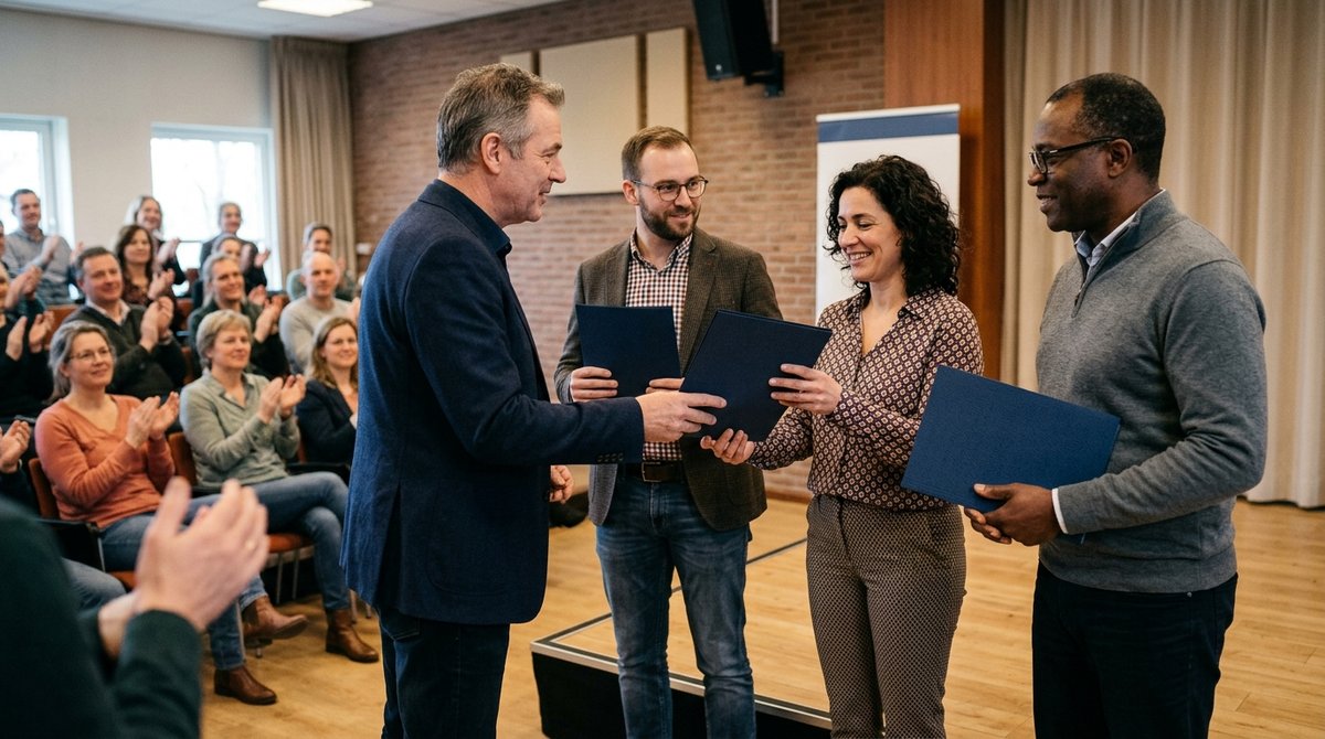 Cursisten krijgen hun certificaat uitgereikt bij een opleidingsinstituut, het publiek applaudisseert