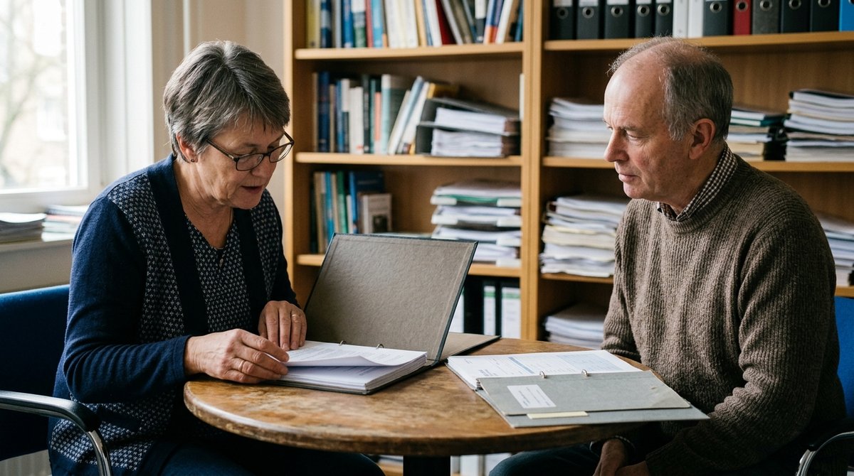 Auditor neemt met de directeur van een opleidingsinstituut het kwaliteitshandboek door