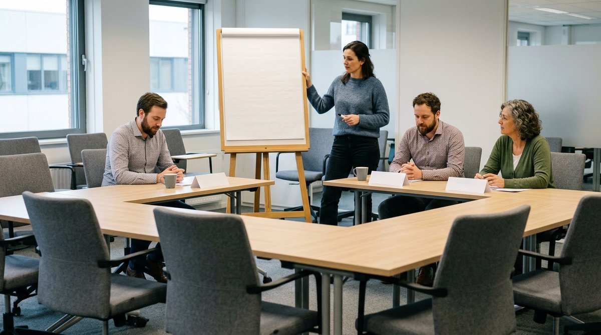 Trainer bij een flip-over in een trainingsruimte waar maar drie deelnemers zitten
