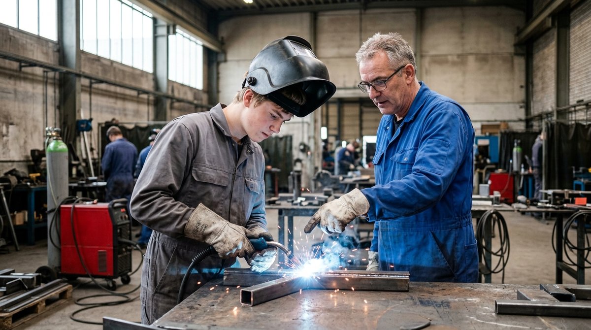 Leerling leert lassen in een werkplaats, zijn praktijkopleider wijst de las aan