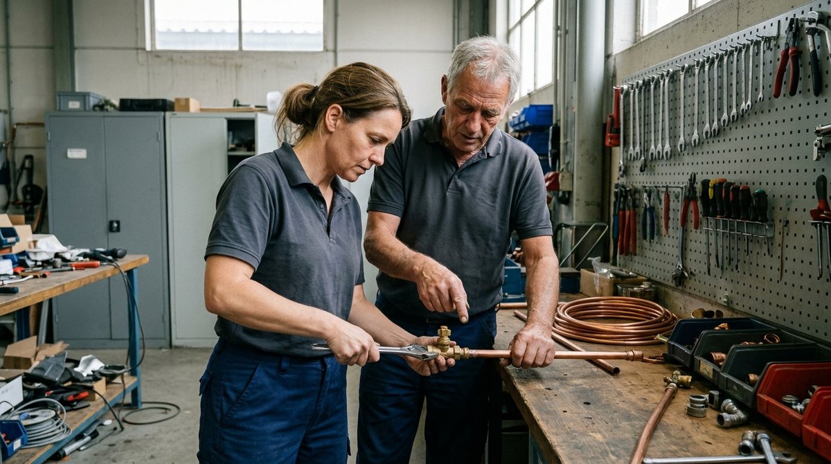 Praktijkopleider begeleidt een omscholende werknemer bij het monteren van koperen leidingen in een werkplaats