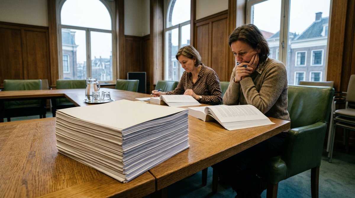 Stapels begrotingsstukken op tafel in een vergaderzaal in Den Haag, twee beleidsmedewerkers lezen mee