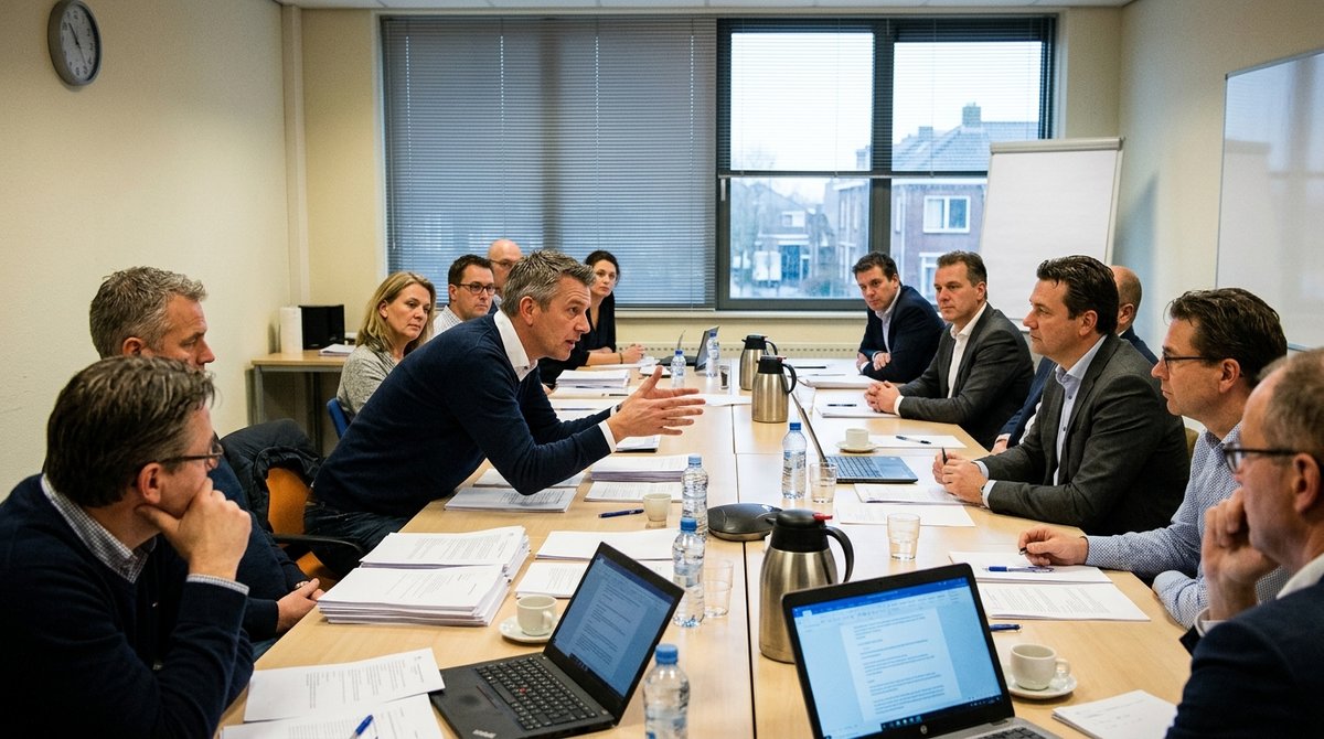 Vakbond en werkgevers onderhandelen aan een lange tafel over een cao