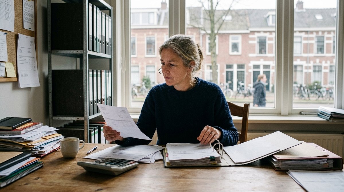 Eigenaar van een opleidingsbedrijf zit met facturen en een ordner aan haar bureau
