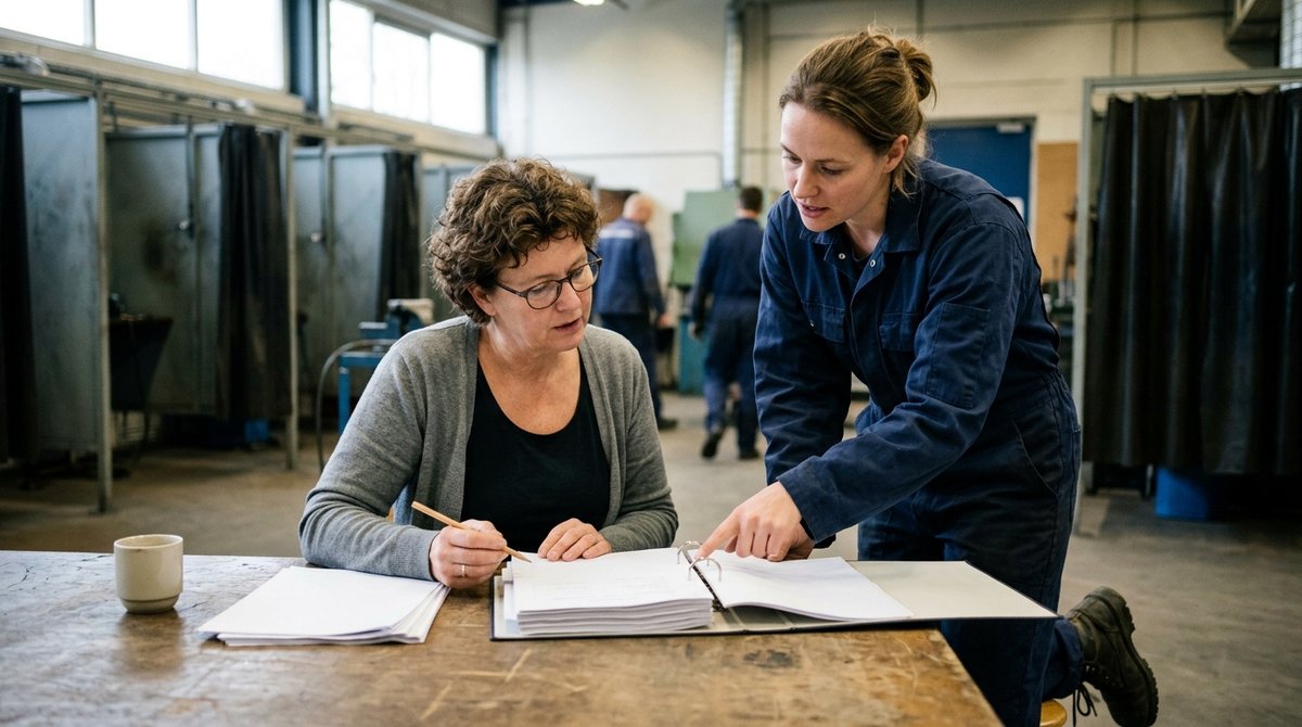 Een HR-adviseur en een cursist bekijken in een praktijklokaal van een opleider samen een stapel facturen