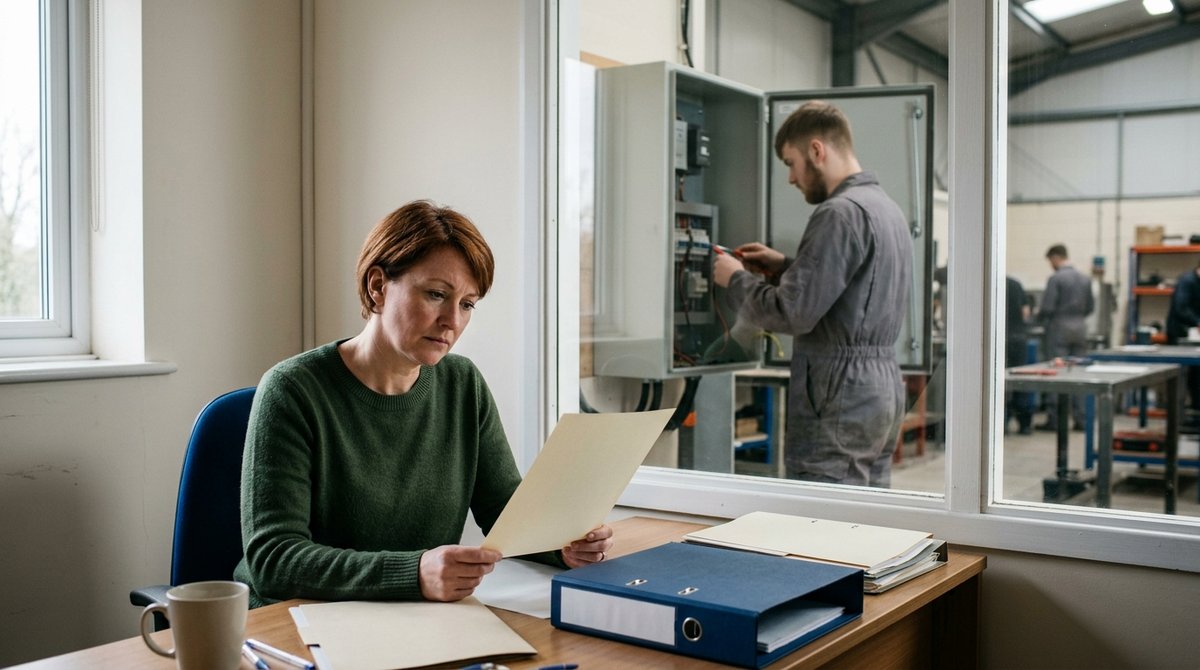 HR-manager van een technisch bedrijf leest een brief, achter het glas werkt een leerling aan een schakelkast