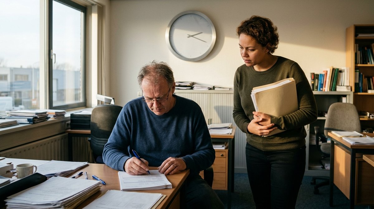 Directeur van een installatiebedrijf vult aan zijn bureau een subsidieaanvraag in, een collega van personeelszaken kijkt mee