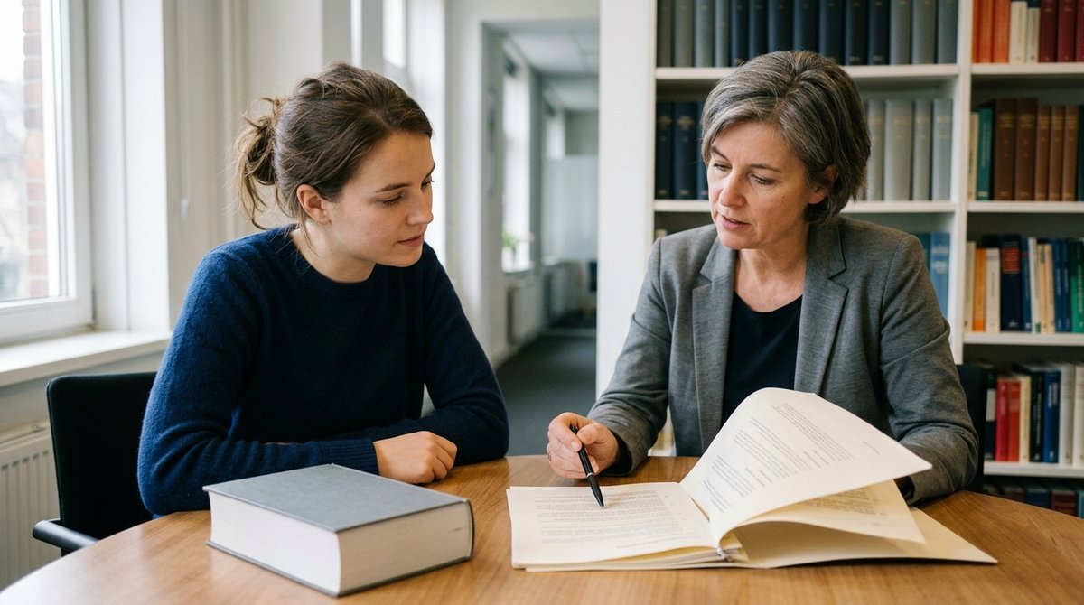 HR-adviseur wijst een jonge advocaat-stagiaire op een bepaling in haar arbeidsovereenkomst
