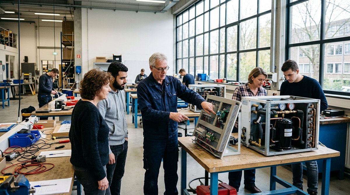 Volwassen cursisten werken aan een elektrische installatie en een warmtepomp in een technische school