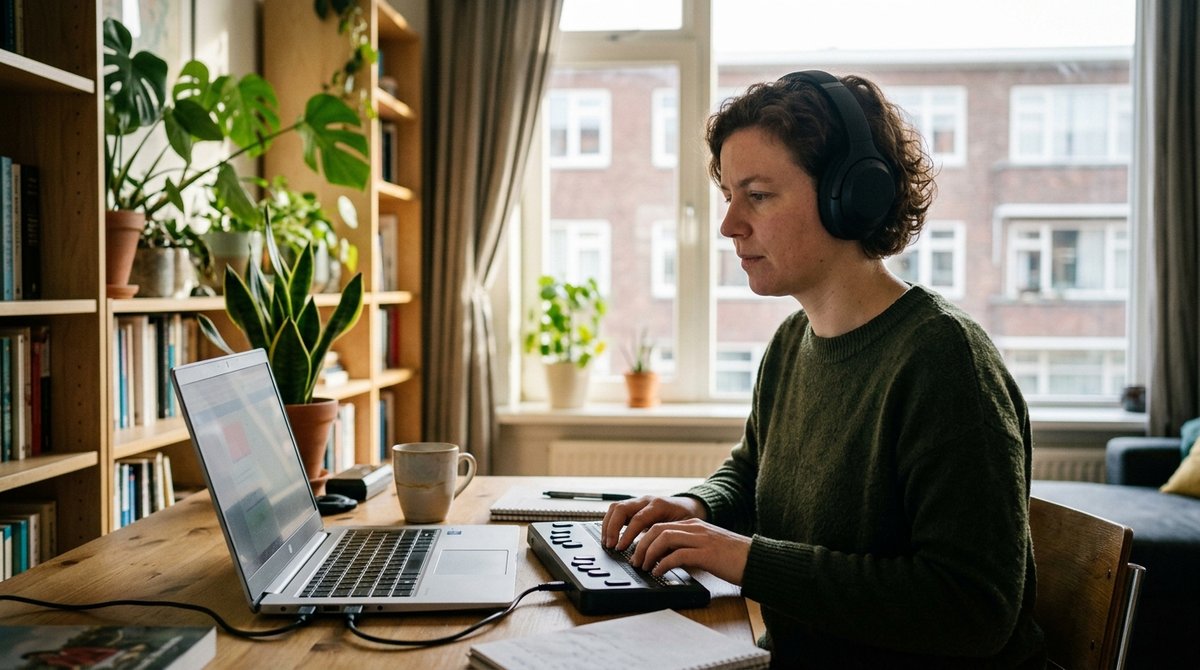 Slechtziende vrouw volgt een online cursus met een koptelefoon en een brailleleesregel
