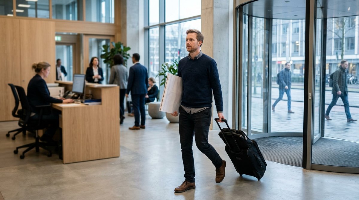 Freelance trainer met laptoptas en flip-overpapier loopt de receptie van een bedrijf binnen