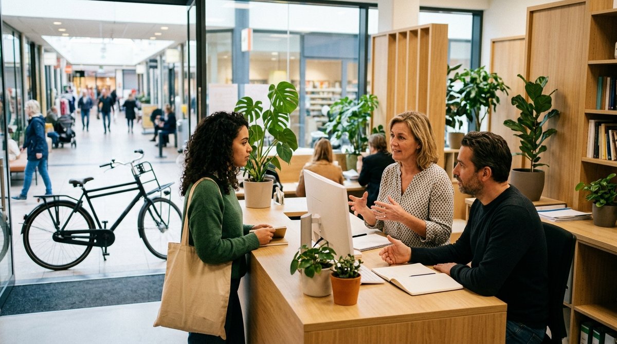 Een bezoeker praat met twee medewerkers aan een inloopbalie in een winkelcentrum